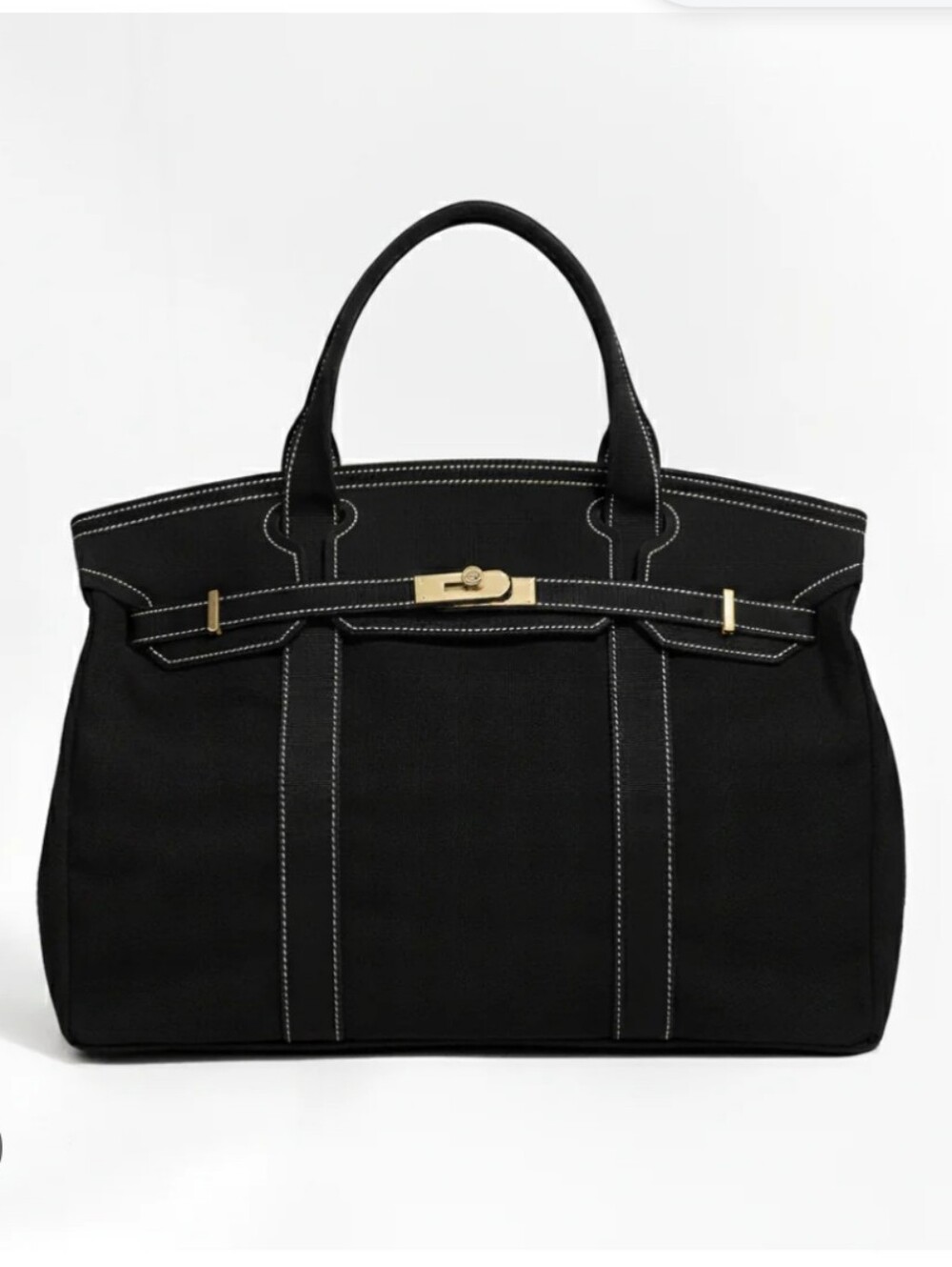 Black Canvas Boatkin Tote With White Stitching And Gold Hardware
